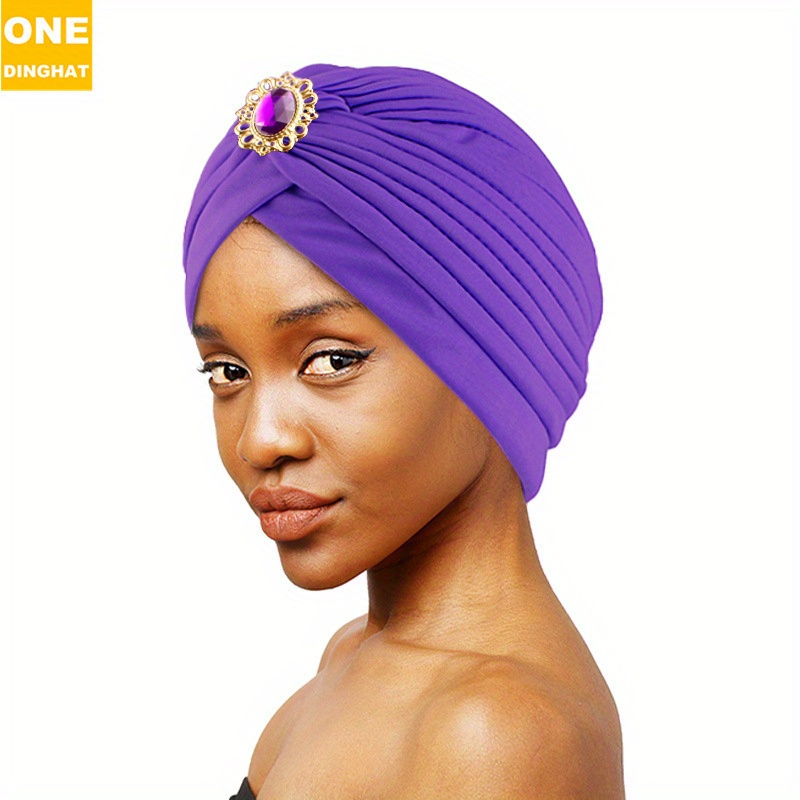 

Trendy Rhinestone Decor Turbans For Women Solid Color Head Wraps Elastic Pleated Beanies Hats Headscarf Ramadan Chemo Cap