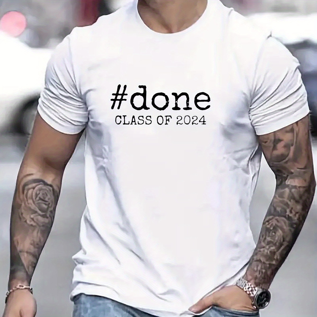 

Done Class Of 2024 Letter Print Men's Short Sleeve Crew Neck T-shirts, Comfy Breathable Casual Elastic Tops, Men's Clothing