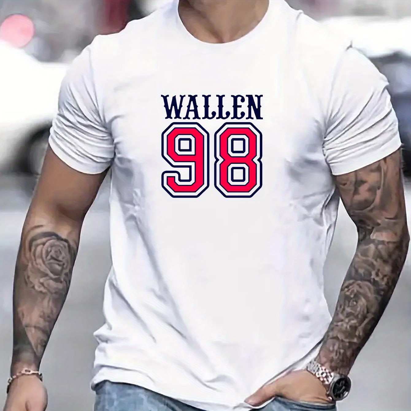 

Wallen 98 Print Men's Short Sleeve Crew Neck T-shirts, Comfy Breathable Casual Elastic Tops, Men's Clothing
