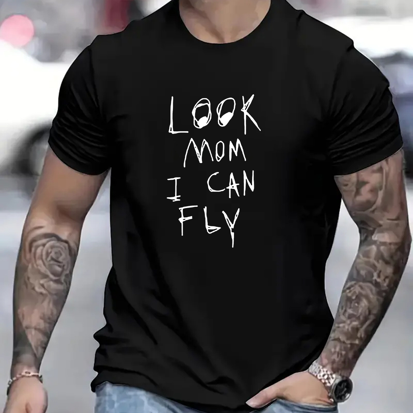 

Look Mom I Can Fly Letter Print Men's Short Sleeve Crew Neck T-shirts, Comfy Breathable Casual Elastic Tops, Men's Clothing