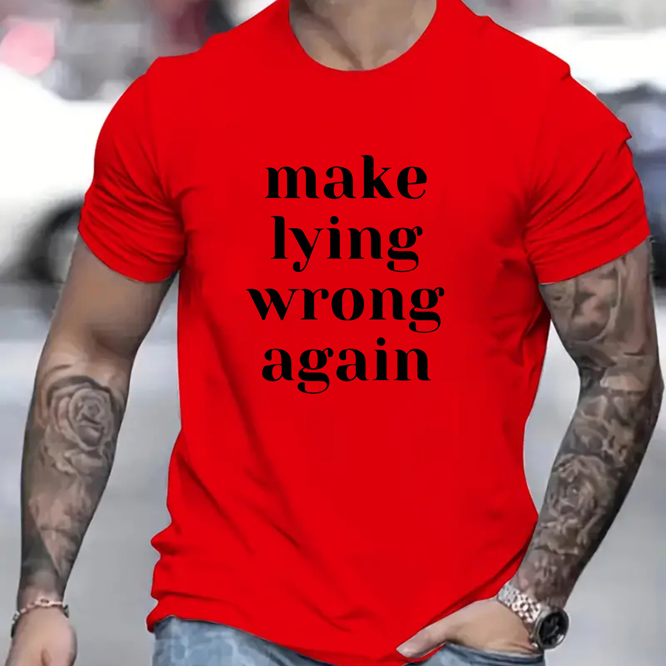 

Make Lying Wrong Again Letter Print Men's Short Sleeve Crew Neck T-shirts, Comfy Breathable Casual Elastic Tops, Men's Clothing