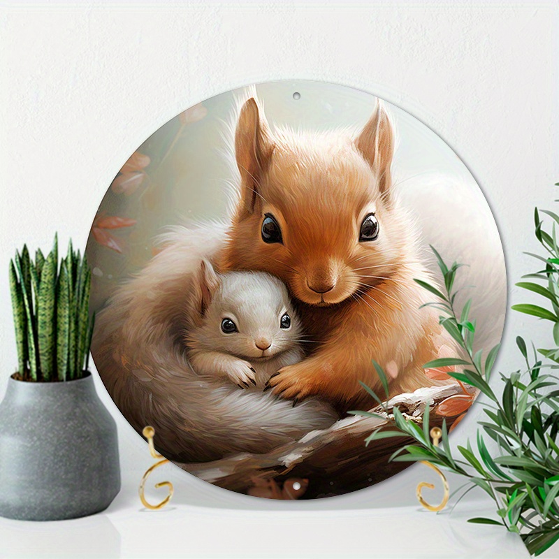 

1pc Round Aluminum Metal Sign, Creative Squirrel Pattern Metal Sign Decor, Home Decor, Wall Decoration