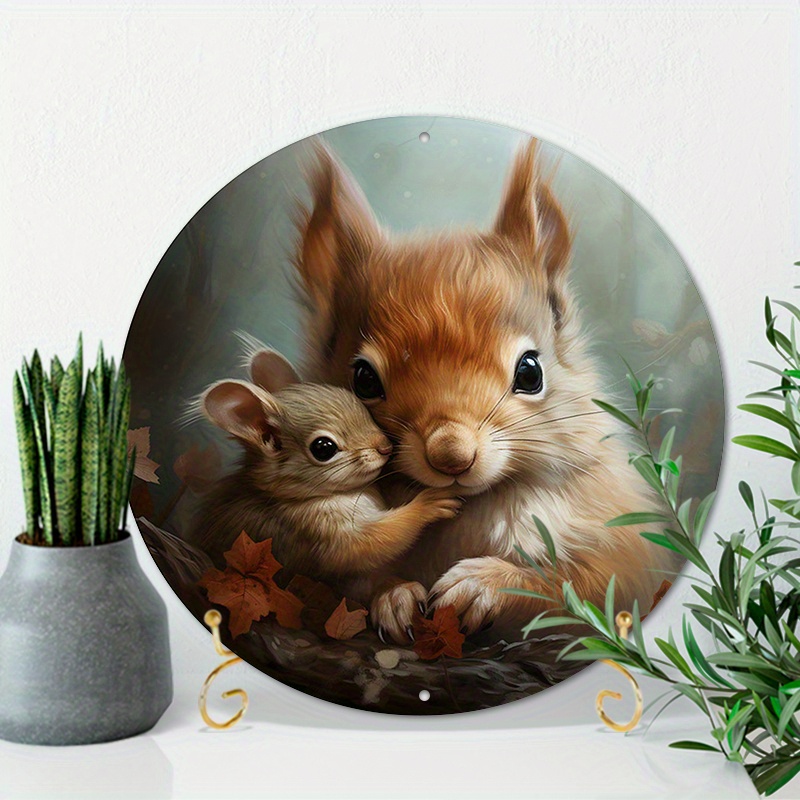 

1pc 8x8inch (20x20cm) Round Aluminum Sign Metal Sign Forest Animals Mama Squirrel Mother's Day Home Decor