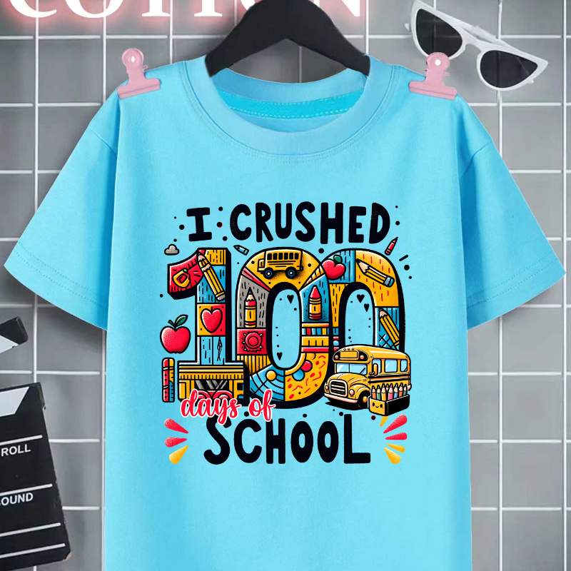 

I Crushed 100 Days Of School Letter Print Boys Creative T-shirt, Casual Lightweight Comfy Short Sleeve Tee Tops, Boys Clothes For Summer