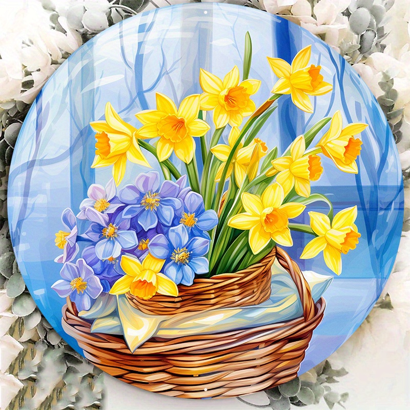 

1pc 8x8inch Aluminum Metal Sign Daffodil Floral Wreath Sign, Metal Wreath Sign, Signs For Wreaths, Round Wreath Sign