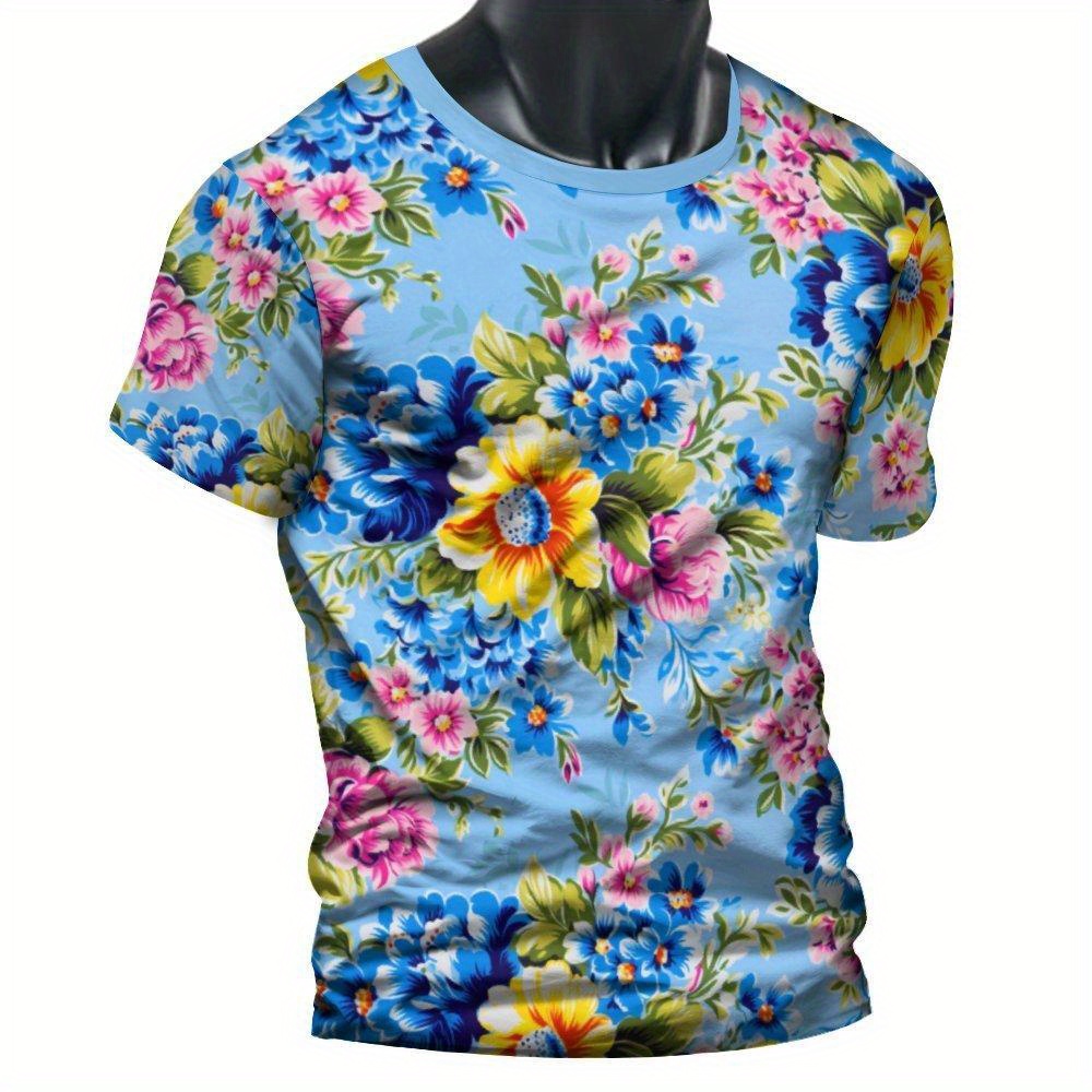 

Flowers Allover Print Men's Novelty Short Sleeve Crew Neck T-shirt, Summer Outdoor Vacation