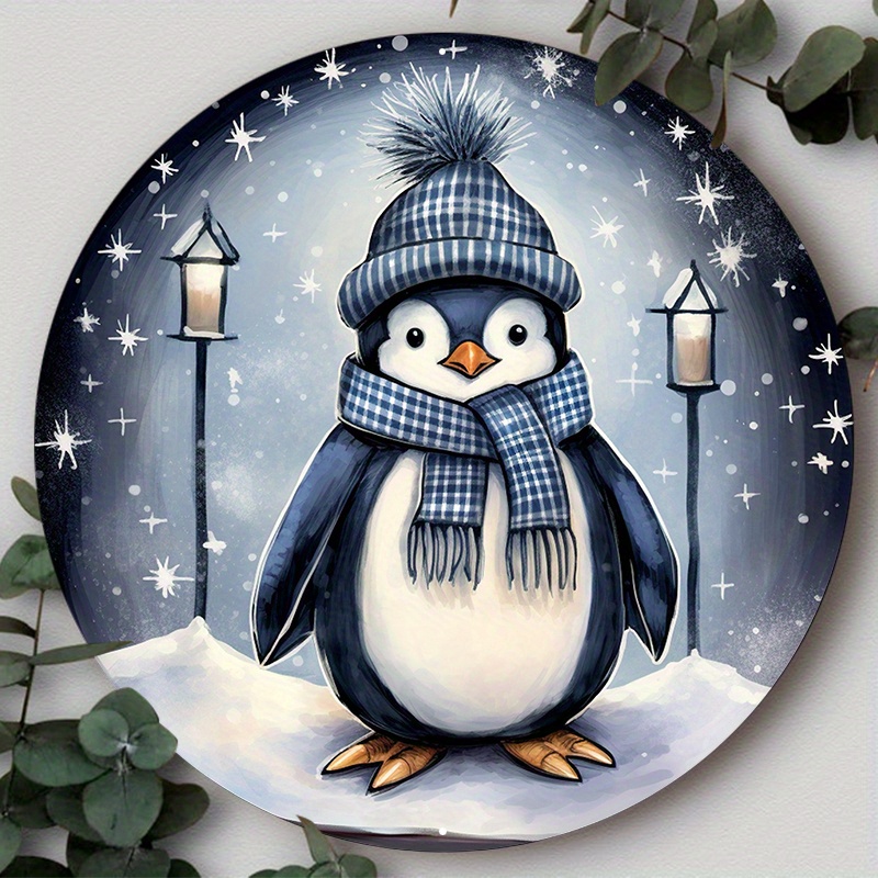 

1pc 8x8in Aluminum Metal Sign, Penguins Welcome Winter Circular Wreath, Decoration Hanging Sign Suitable For Various Scenarios