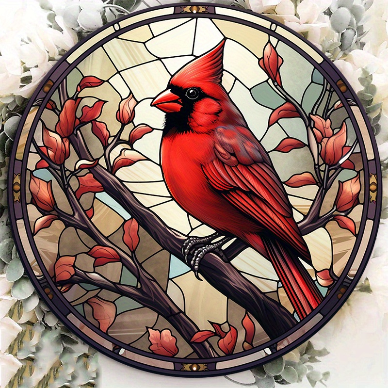 

1pc 8x8inch Aluminum Metal Sign Faux Stained Glass Cardinal Wreath Sign, Metal Wreath Sign, Signs For Wreaths, Round Wreath Sign Ii