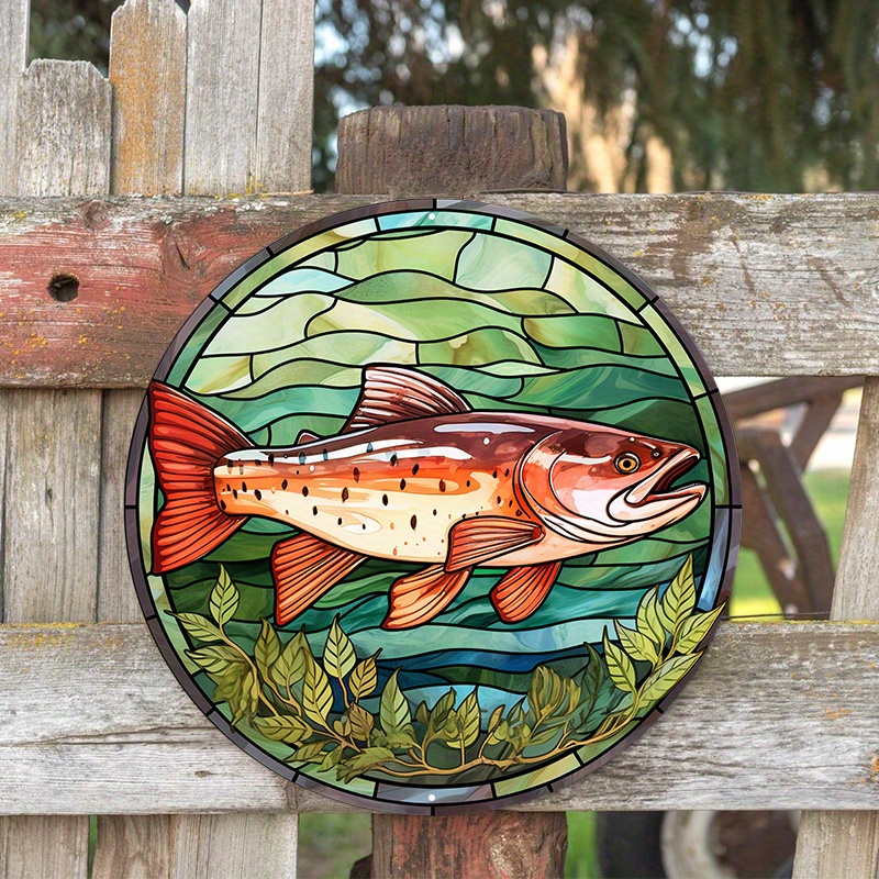 1pc 8x8inch Aluminum Metal Sign Steelhead Trout Wreath Sign Stained Glass  Fish Metal Tin Sign, Trout Decorative Stained Wall Hanging SU Suitable For V