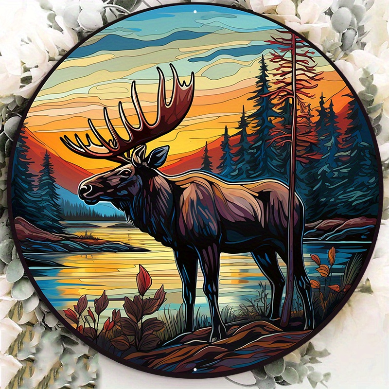 

1pc 8x8inch Aluminum Metal Sign Faux Stained Glass Moose Wreath Sign, Metal Wreath Sign, Signs For Wreaths, Round Wreath Sign Km