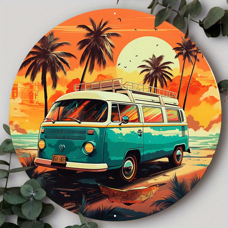 

1pc 8x8inch Aluminum Metal Sign The Summer Vibes Sign Features A Bus With Palm Trees And Palm Trees Suitable For Various Scenarios