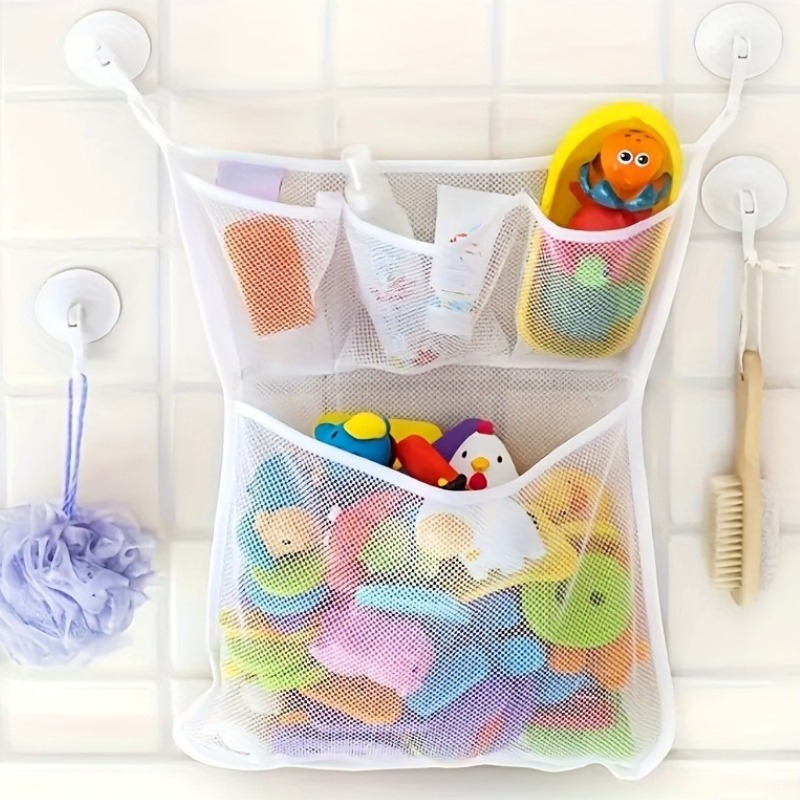 

1pc Bathroom Mesh Storage Bags, Plastic Hanging Bath Toy Organizer With Suction Cups, Multifunctional Shower Net Holder For Toys Toiletries, Easy Install, Bathroom Accessories