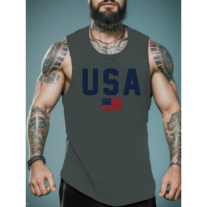 

Usa Print Summer Men's Quick Dry Moisture-wicking Breathable Tank Tops Athletic Gym Bodybuilding Sports Sleeveless Shirts For Workout Running Training Men's Clothing