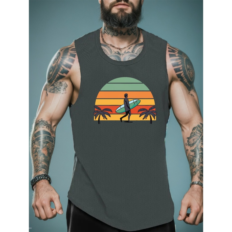 

Go Surfing Print Summer Men's Quick Dry Moisture-wicking Breathable Tank Tops Athletic Gym Bodybuilding Sports Sleeveless Shirts For Workout Running Training Men's Clothing