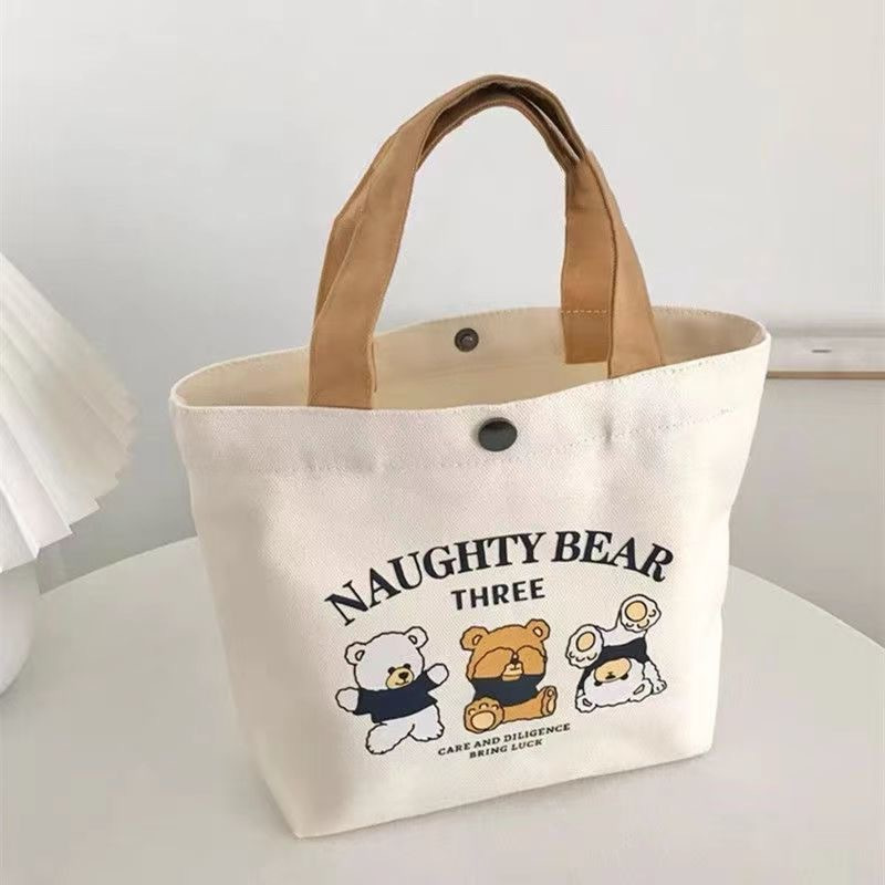 TEMU Cartoon Bear Print Handbag, Small Canvas Lunch Box Bag, Simple Storage Bag For Going Out