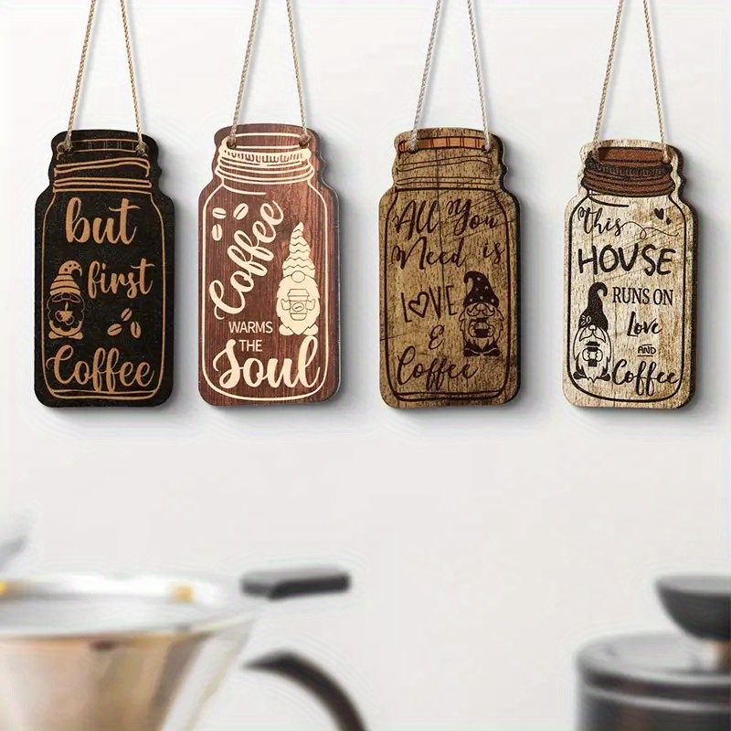

4pcs Jar-shaped Coffee Wooden Sign For Home, Cafe, And Shopdecor - Indoor Wall Hanging Plaque With Elegant Design And Quality Material