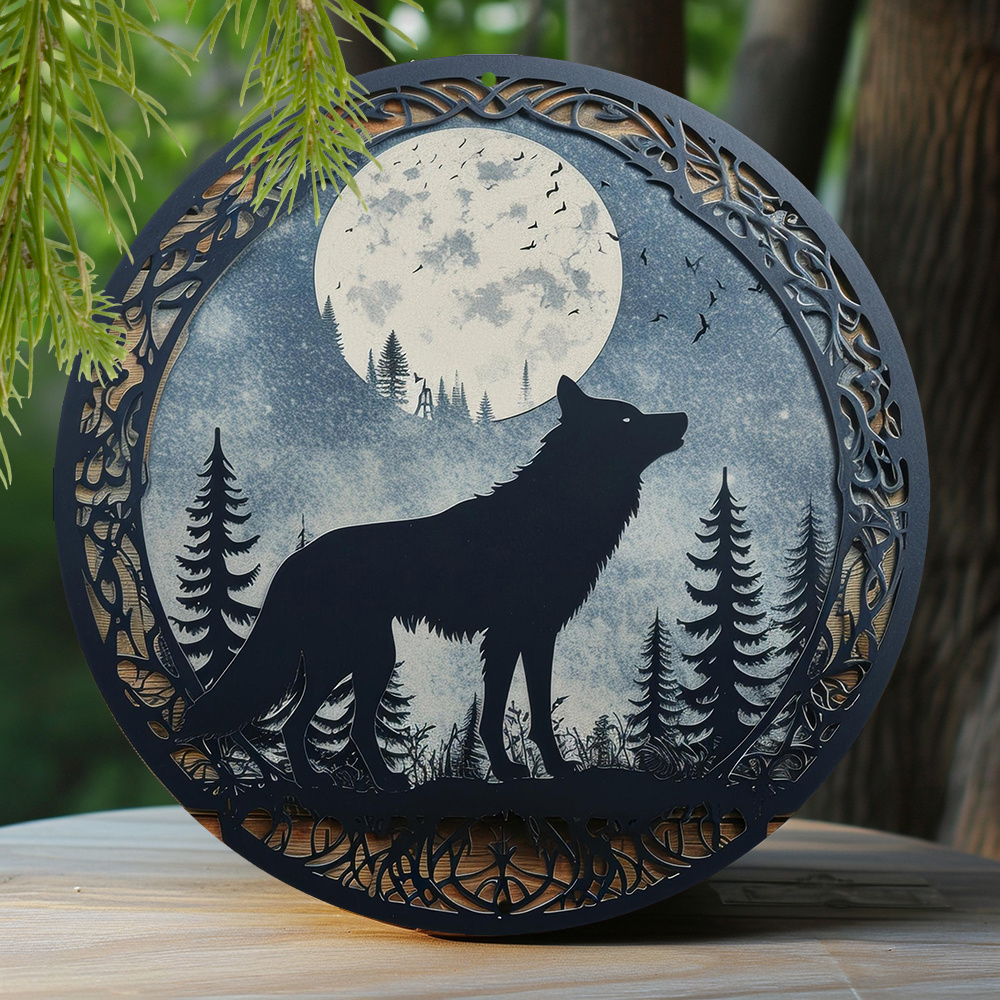 

1pc 8x8 Inch Spring Aluminum Sign Bedroom Faux Laser Cut Iron Window Treatments Round Sign Decoration Gifts Wolf And Moon Theme Decoration N91