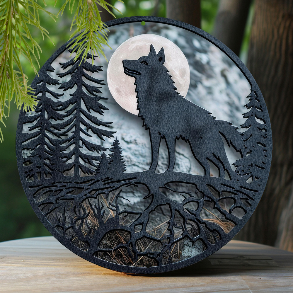 

1pc 8x8 Inch Spring Aluminum Sign Bedroom Pet Lovers Faux Laser Cut Iron Window Treatments Round Sign Decoration Gifts Wolf And Moon Theme Decoration N89