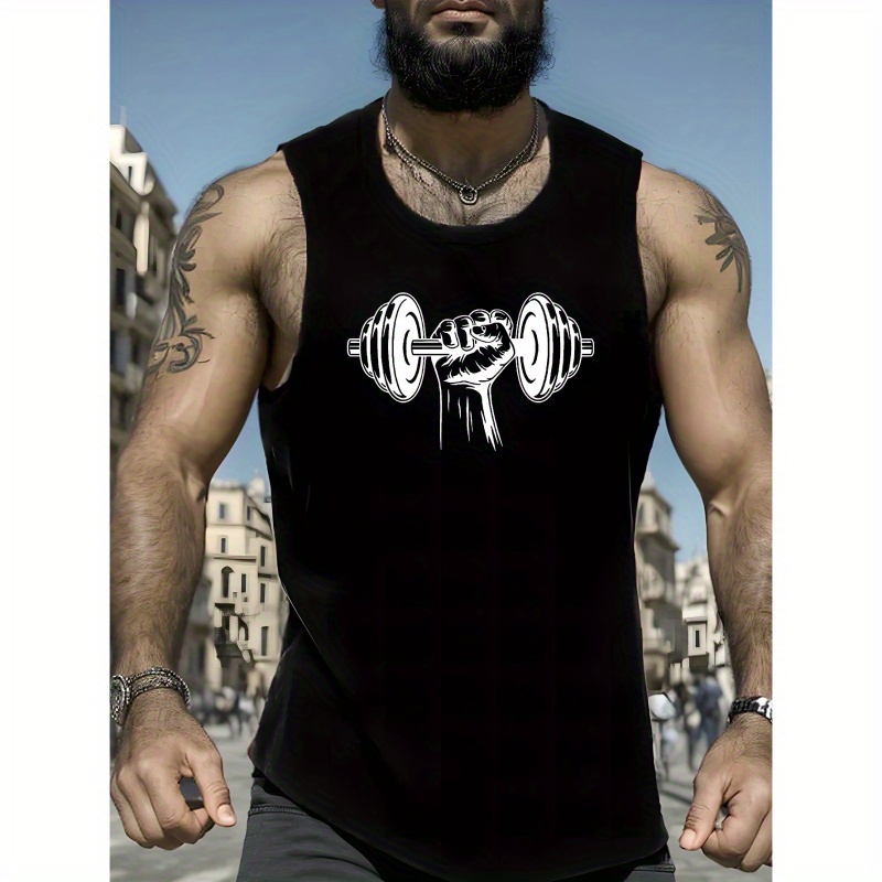 

Men's Dumbbell Graphic Print Tank Top, Active Quick Dry Breathable Crew Neck Sleeveless Top, Men's Clothing For Summer Outdoor