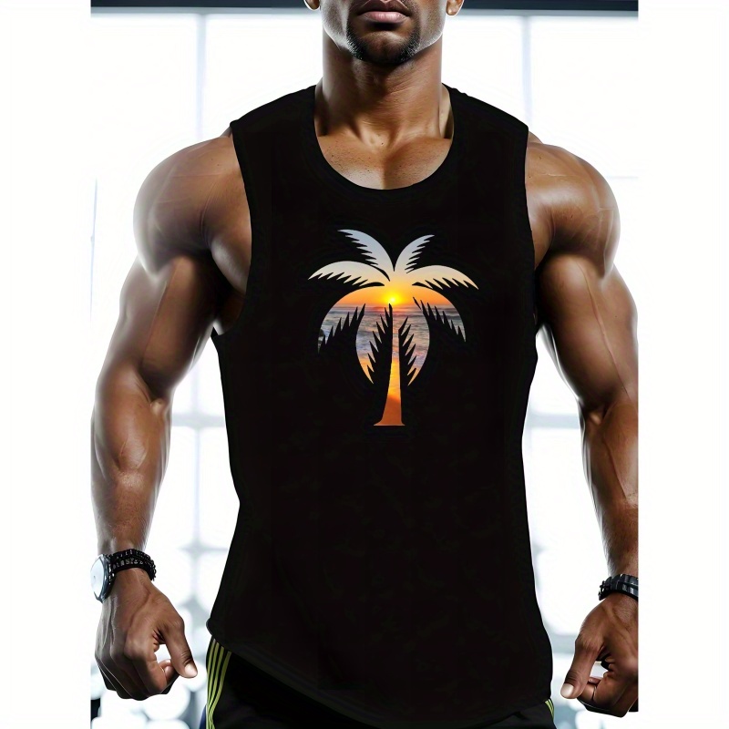 

Plus Size Men's Coconut Trees Print Tank Top For Fitness/sports, Breathable Quick Dry Sleeveless Tees For Males