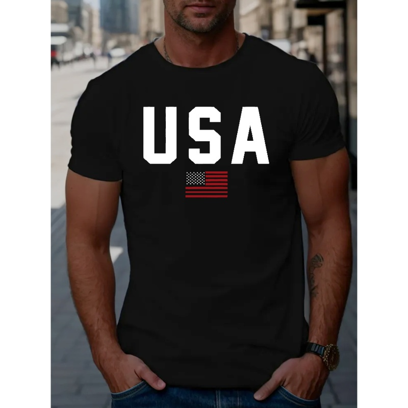 

Usa Letter Graphic Print Men's Creative Top, Casual Short Sleeve Crew Neck T-shirt, Men's Clothing For Summer Outdoor