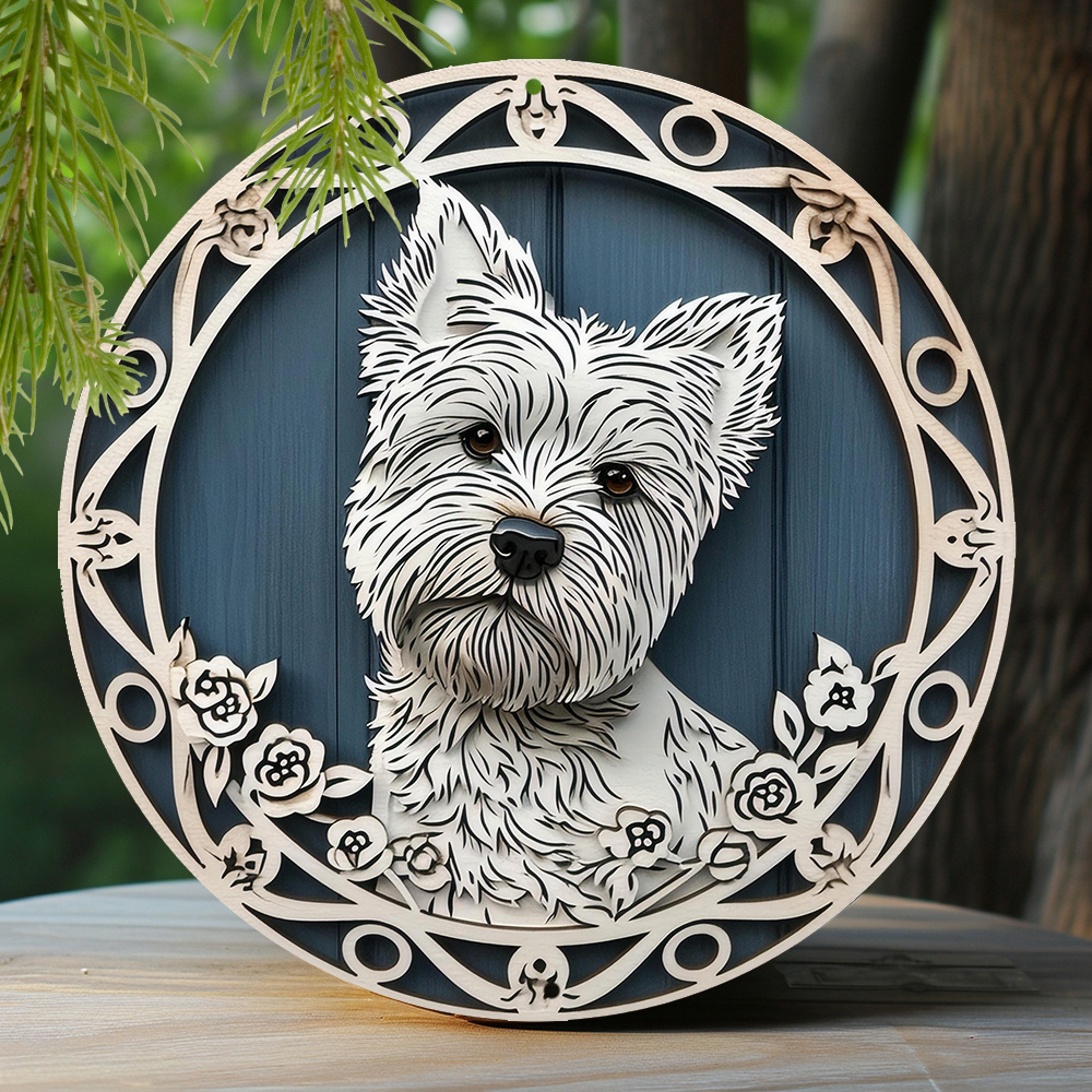 

1pc 8x8 Inch Spring Aluminum Sign Office Girls Faux Laser Cut Iron Window Treatments Round Sign Decoration Gifts West Highland White Terrier Theme Decoration N146