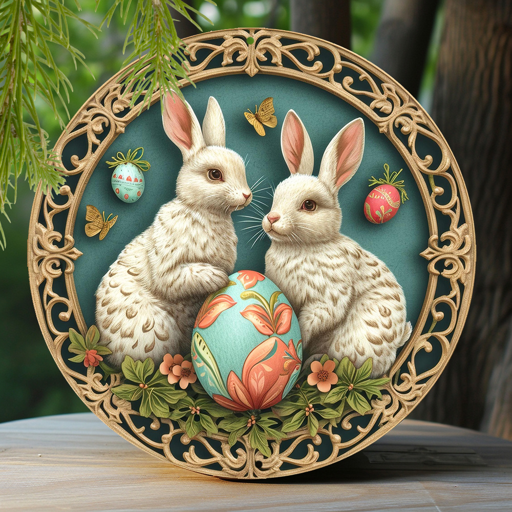 

1pc 8x8 Inch Spring Metal Sign Apartment Mothers Faux Laser Cut Iron Window Treatments Round Sign Decoration Gifts Easter Bunny Eggs Theme Decoration N205
