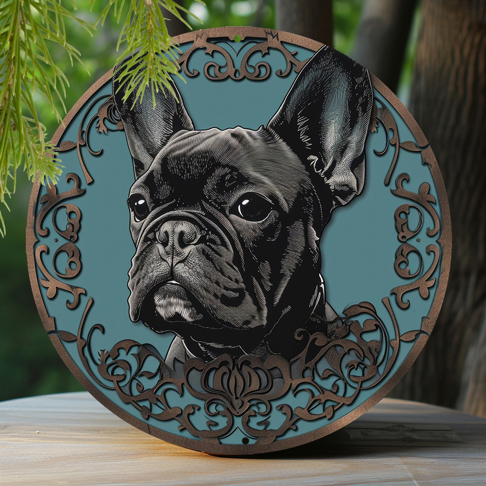 

1pc 8x8 Inch Spring Metal Sign Bedroom Valentine's Day Faux Laser Cut Iron Window Treatments Round Sign Decoration Gifts French Bulldog Theme Decoration N184