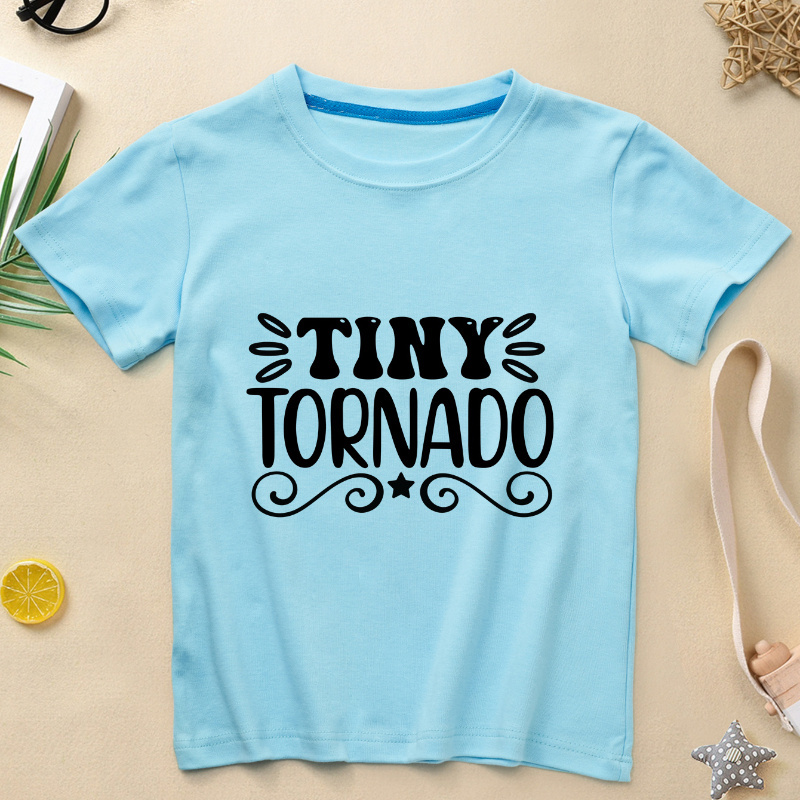 

Cartoon Kid Saying Letter Tiny Tornado Pattern Girls Trendy Cotton T-shirt Crew Neck Short Sleeve Comfy Breathable Tops Multiple Colors Accessible