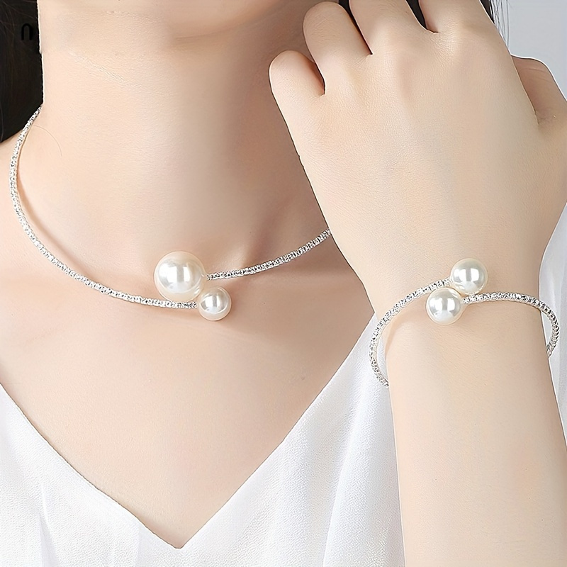 

1 Pc Bracelet +1 Pc Necklace With Double Imitation Pearl Design Copper Jewelry Set Vintage Elegant Style For Women Gift