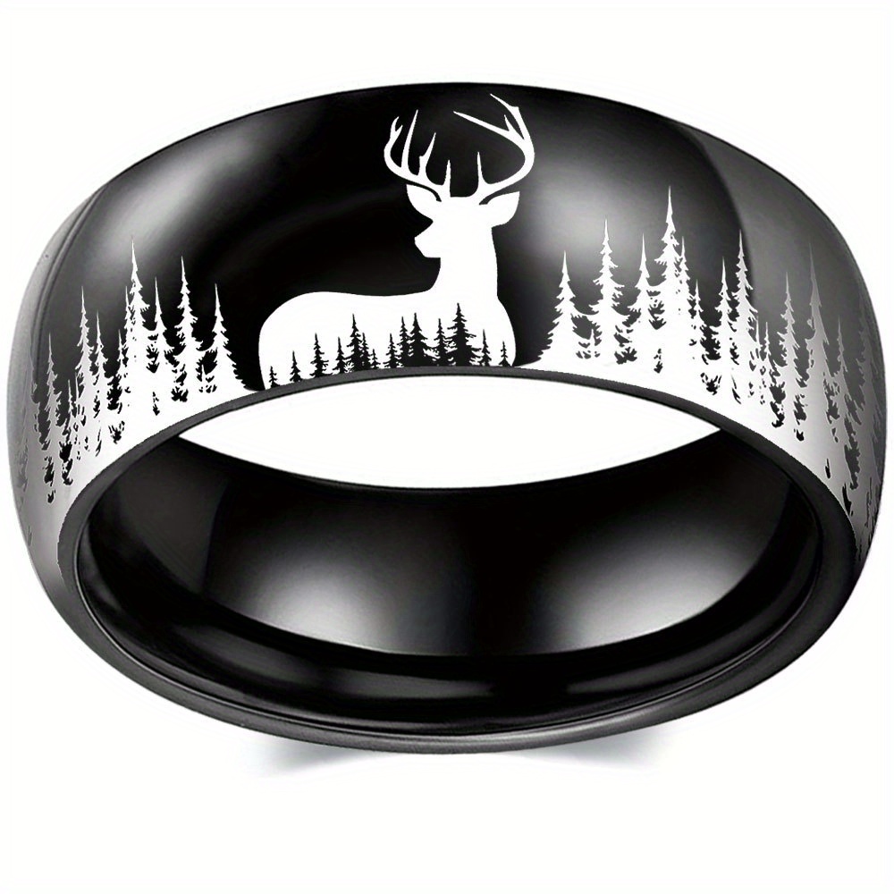 

Stylish Men' Steel Ring Deer Design - Black & Silvery, Sizes 6-13