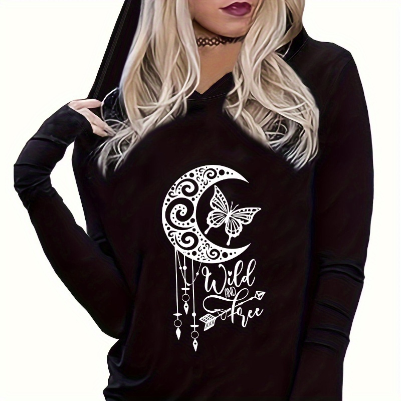 

Graphic Print Hooded T-shirt, Casual Long Sleeve Top For Spring & Fall, Women's Clothing