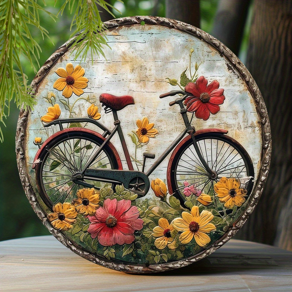 

1pc 8x8 Inch Spring Round Aluminum Sign Apartment Mother's Day Faux Laser Cut Iron Window Treatments Round Sign Decoration Gifts Vintage Bicycle With Flowers Theme Decoration