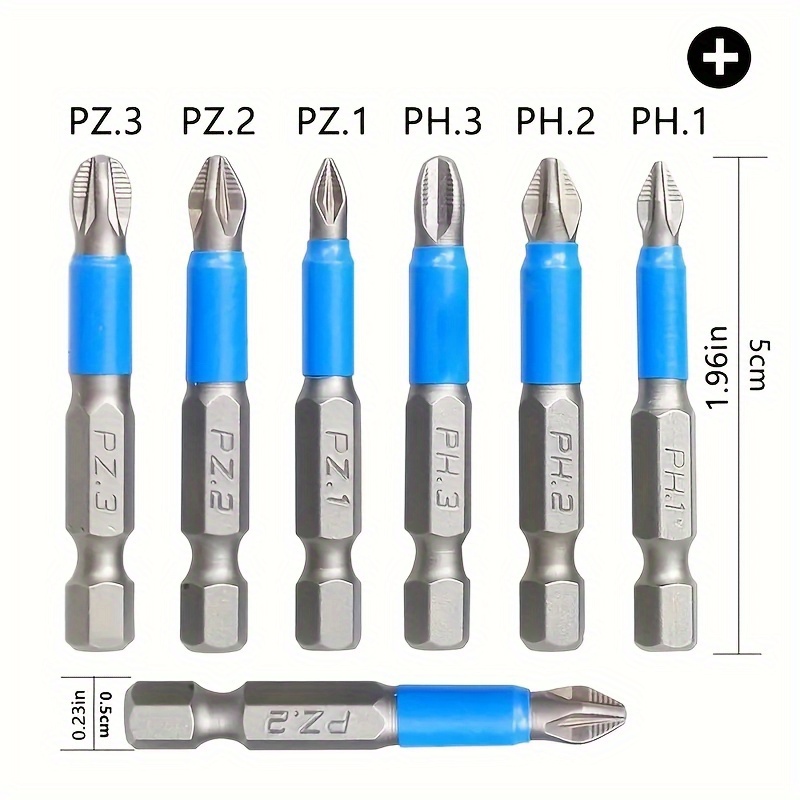 

6pcs Magnetic Anti Slip Screwdriver Phillips Bit Set (ph1 Pz1 Ph2 Pz2 Ph3 Pz3), 50mm Length Cross Head With Teeth 1/4" Hex Shank Single Head Drill Bits For Electric Screwdriver Dril