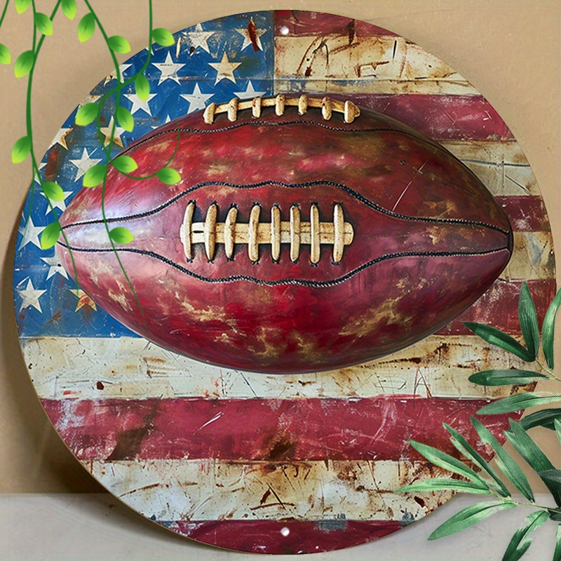 

1pc 8x8inch (20x20cm) Round Aluminum Sign Metal Tin Sign America Usa Flag And Rugby Football Sports Sign For Home Decor Coffee Shop Kitchen