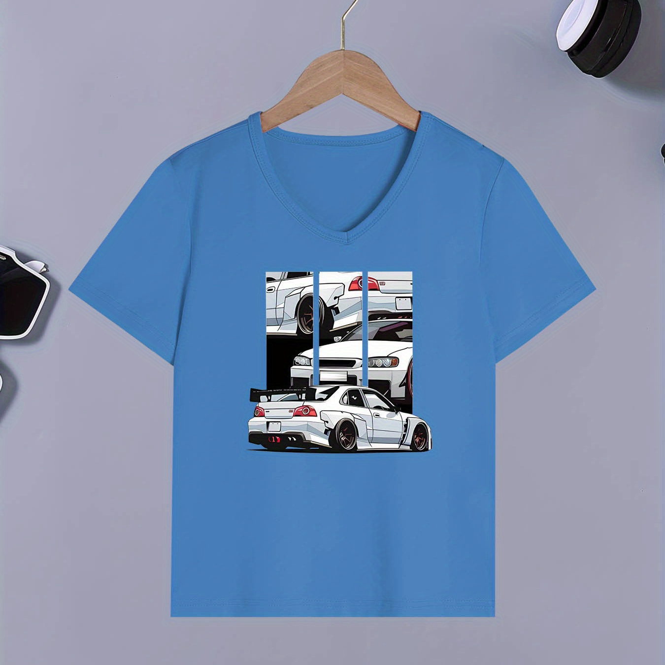 

Cool Car Print Boy's V Neck T-shirt, Casual Short Sleeve Breathable Comfy Summer Outdoor Tops