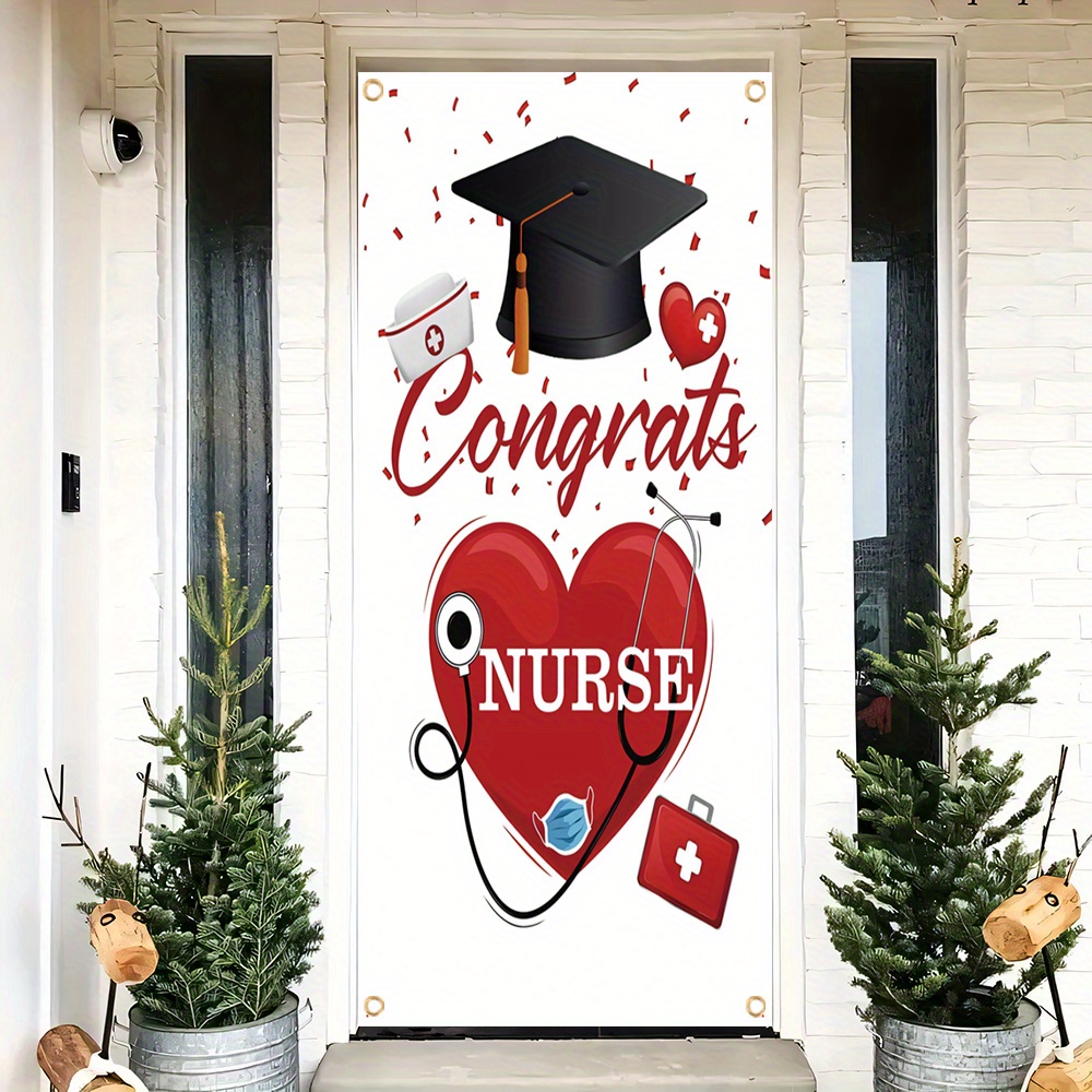 

1pc, 70x35 Inch Nurses Day Door Cover Banner, Vinyl, Congratulations Nurse Garden Flag, Red And White Nurse Graduation Party Decorations, Graduation Party Supplies, White On Red