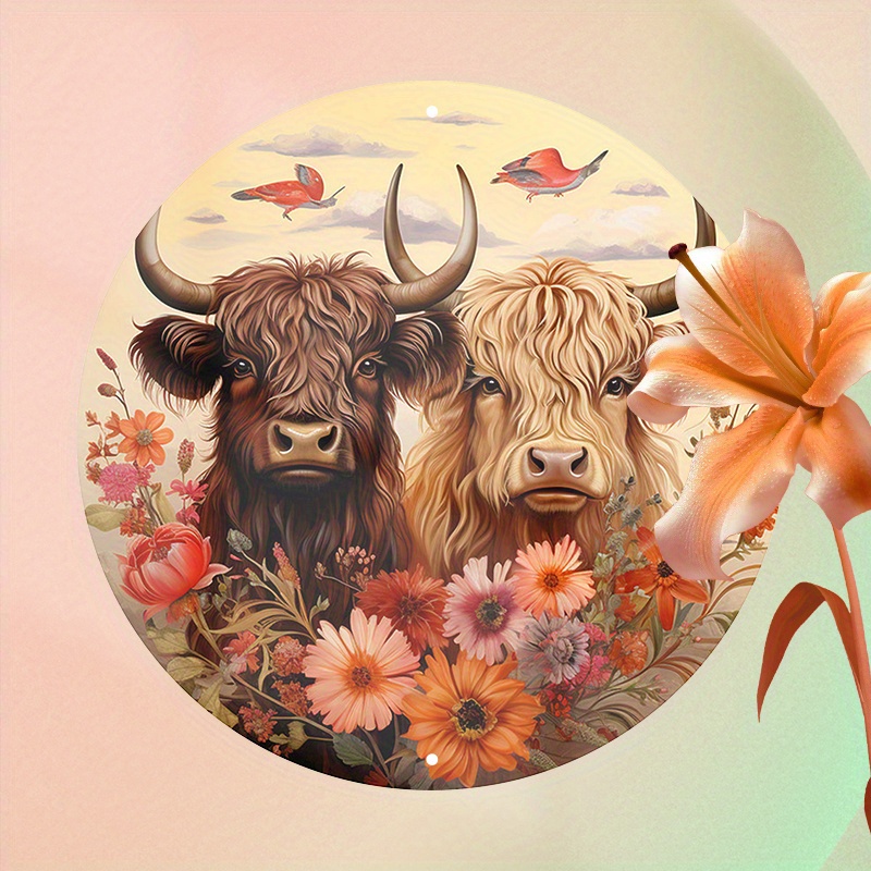 

1pc 8x8inch (20x20cm) Round Aluminum Sign Metal Sign Highland Cow Round Sign Mother's Day Sign Metal Wreath Sign Wreath Attachment Wreath Decoration