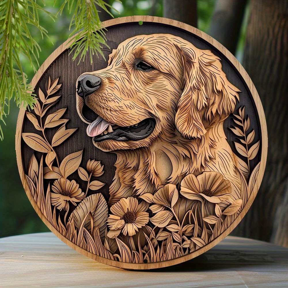 

1pc 8x8 Inch Spring Metal Sign Living Room Pet Lovers Faux Laser Cut Iron Window Treatments Round Sign Decoration Gifts Golden Retriever Theme Decoration