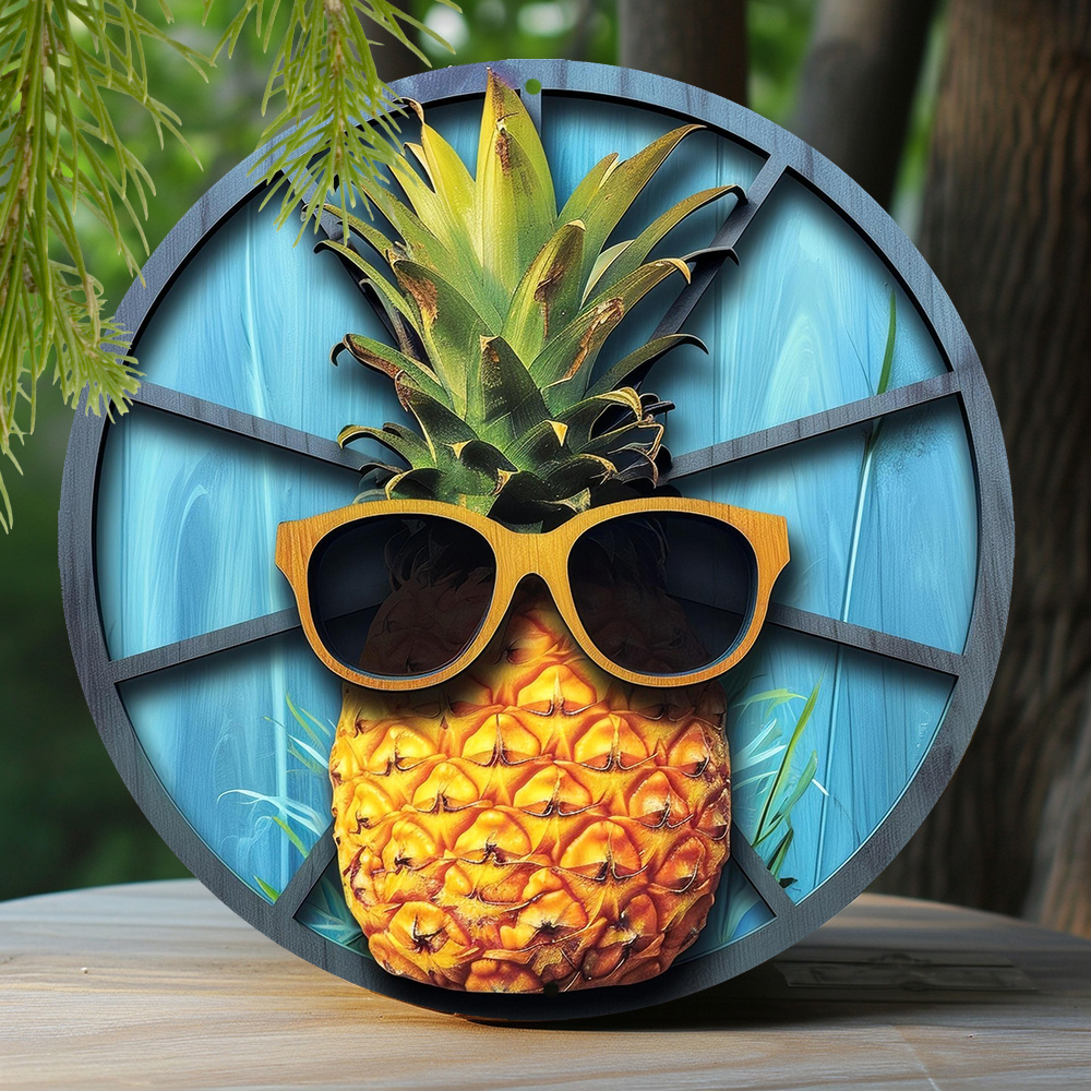 

1pc 8x8 Inch Spring Metal Sign Office Women Faux Laser Cut Iron Window Treatments Round Sign Decoration Gifts Pineapple And Sunglasses Theme Decoration N236