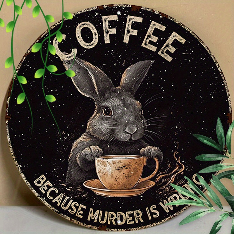 

1pc 8x8inch (20x20cm) Round Aluminum Sign Metal Tin Sign Coffee Because Murder Is Wrong Funny Rabbit Vintage Round Metal Sign Funny Coffee Sign