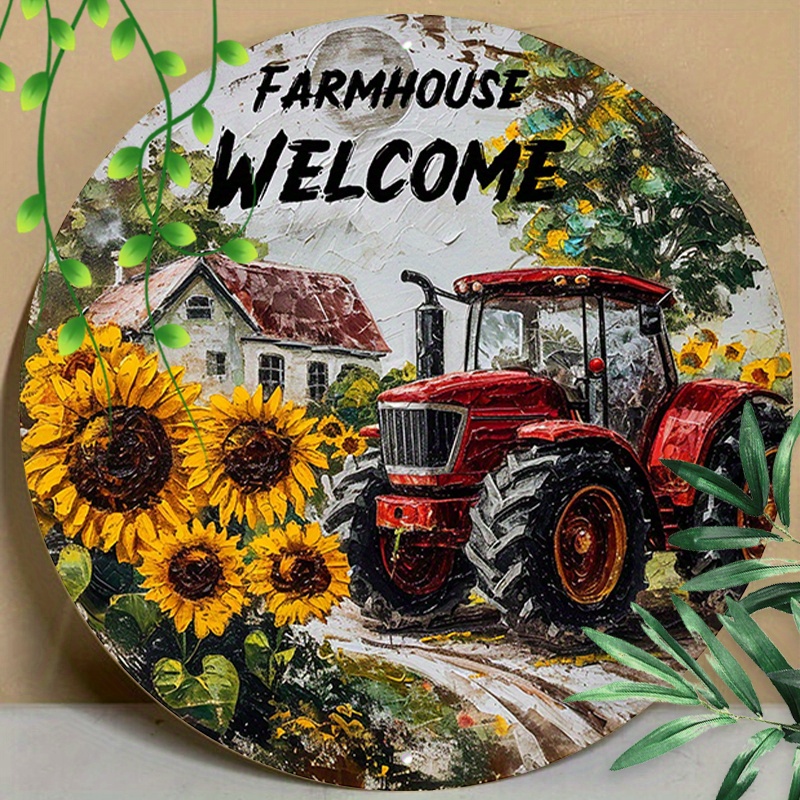 

1pc 8x8inch (20x20cm) Round Aluminum Sign Metal Tin Sign Farmhouse Welcome Sign Old Tractor For Home Decor Coffee Shop Kitchen