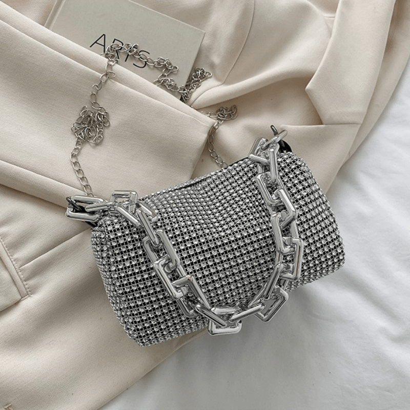 

Trendy Square Bag With Chain, Cell Phone Bag, Handbag, Shiny Artificial Diamond Handbag, Textured Bag