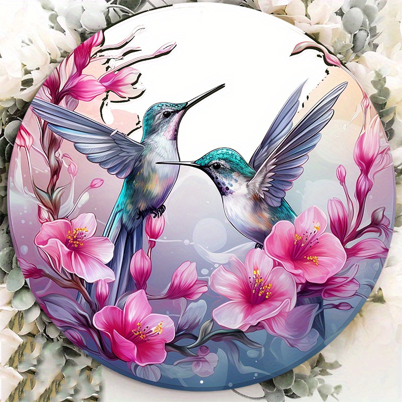 

1pc 8x8inch Aluminum Metal Sign Pink Humming Bird And Spring Florals Metal Tin Sign, Vintage Plaque Decor, Round Metal Plaque