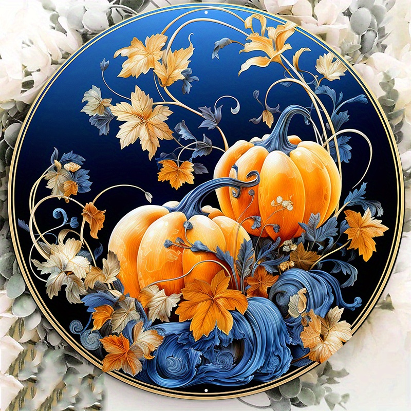 

1pc 8x8inch Aluminum Metal Sign, Pumpkins Wreath Sign, Metal Wreath Sign, Round Wreath Sign