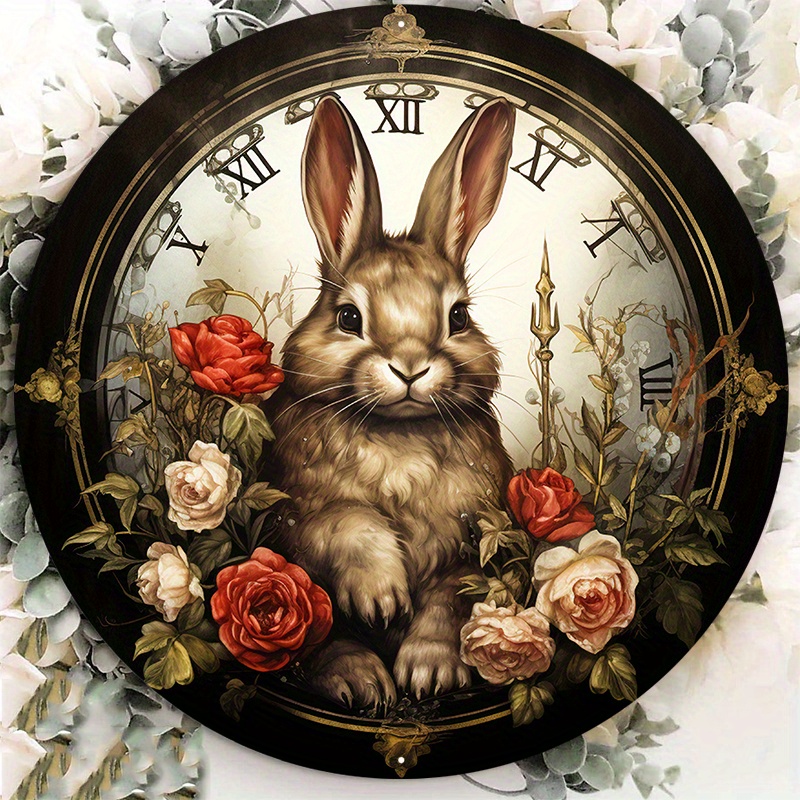 

1pc 8x8inch Aluminum Metal Sign Rabbit With Watch Wreath Sign, Metal Wreath Sign, Round Wreath Sign, Signs For Wreaths Kp