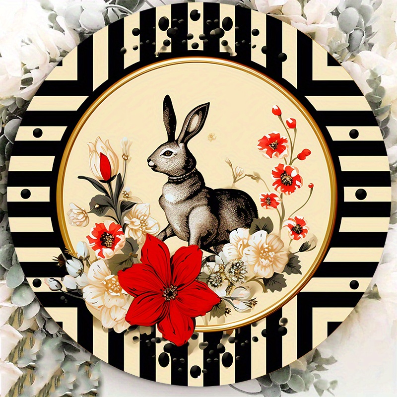 

1pc 8x8inch Aluminum Metal Sign Red Poppy Easter Bunny Circle Wreath Sign With Black And White Border