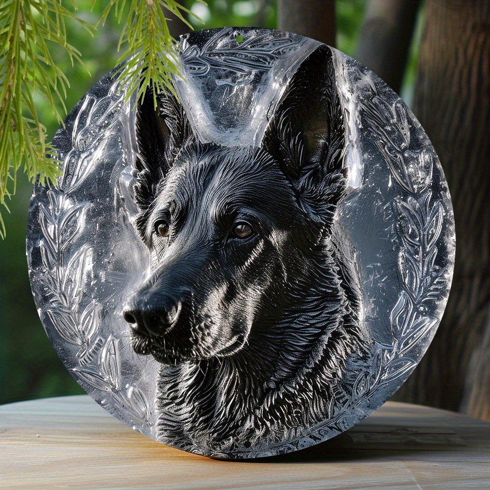 

1pc 8x8 Inch Spring Aluminum Metal Sign Apartment Valentine's Day Faux Ice Sculpture Window Decoration Round Wreath Sign Decoration Gift German Shepherd Theme Decoration