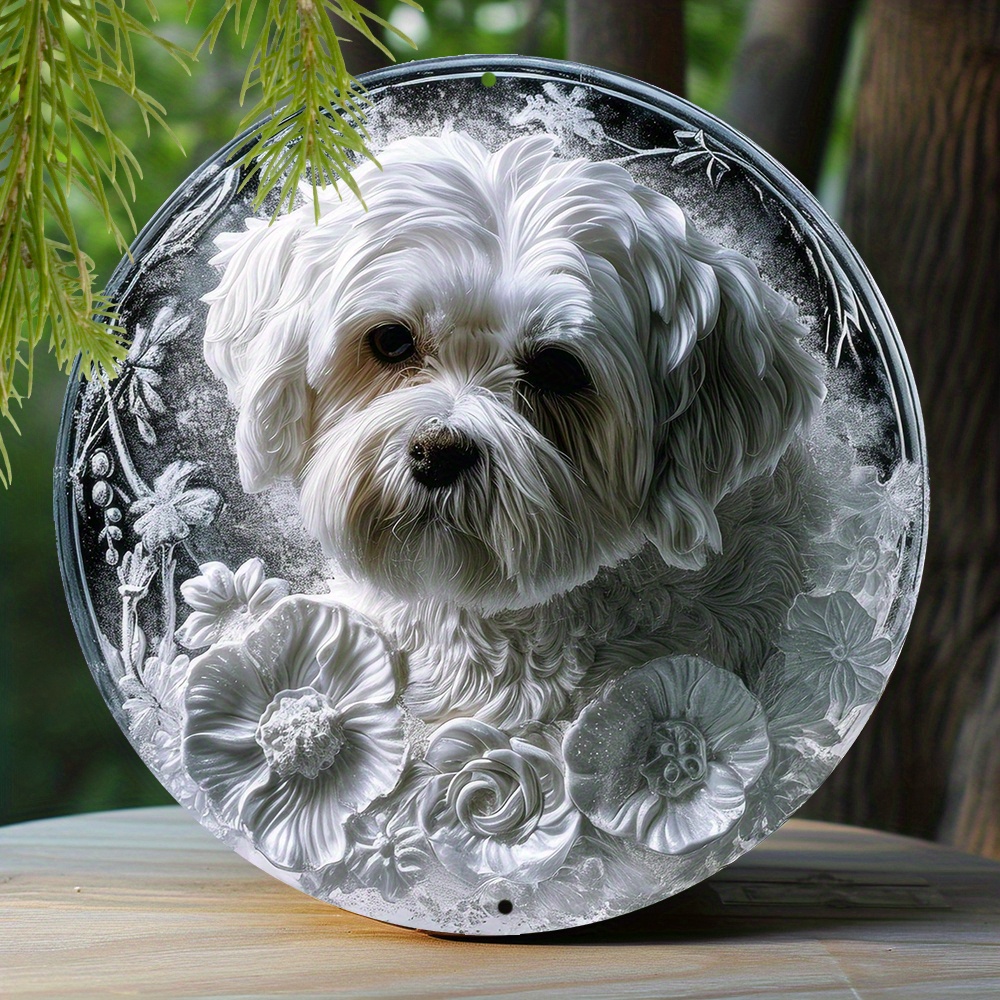 

1pc 8x8 Inch Spring Aluminum Metal Sign Bedroom Faux Ice Sculpture Window Decoration Round Wreath Sign Decoration Gift Shih Tzu Theme Decoration