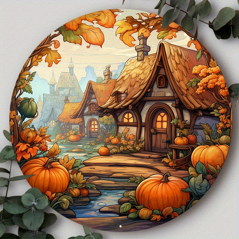 

1pc 8x8in Aluminum Metal Sign, Fall Gnome Pumpkin Wreath Sign, Metal Sign, Round Wreath Sign Suitable For Various Scenarios